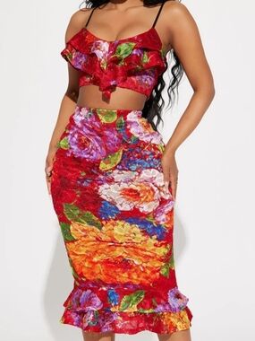Fashion Nova Red Floral Ruffle Pencil Skirt